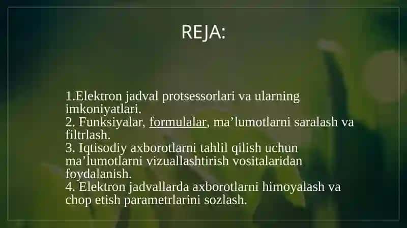 Iqtisodiy masalalarni yechishda electron jadval prosessorlaridan foydalanish. 2