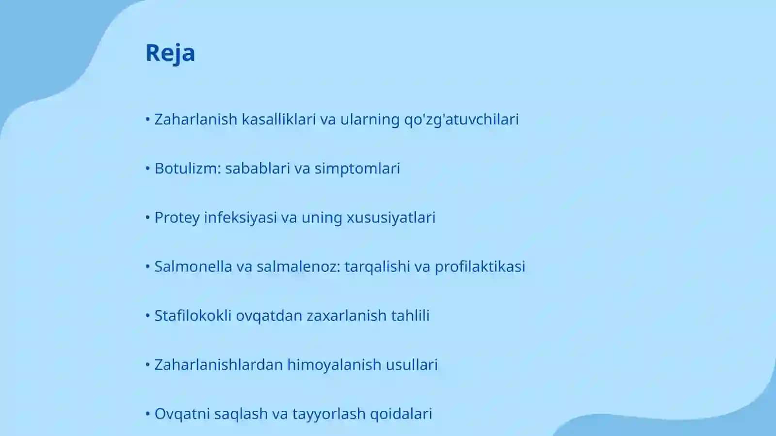 Ovqatdan zaharlanish yuqumli kasallik qo'zg'atuvchilari, botulizm, protey, salmalenoz, stafilakokli ovqatdan zaxarlanishlarni chaqiruvchi infeksiyalar 2