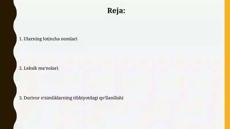 Dorivor o’simliklarning tibbiyotda qo’llanilishi, lotincha nomi va ularning leksik ma’nosi 2