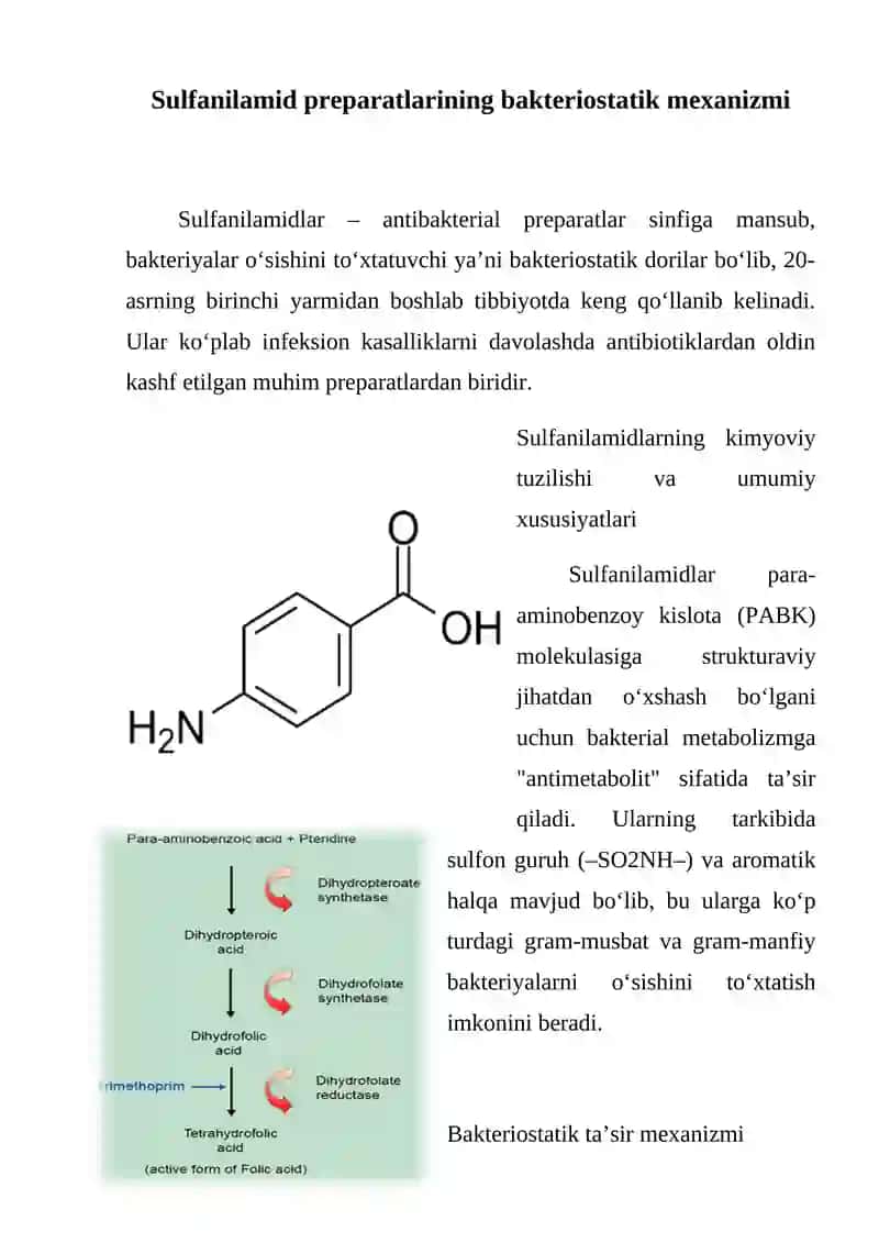Sulfanilamid preparatlarining bakteriostatik mexanizmi Biokimyo 2