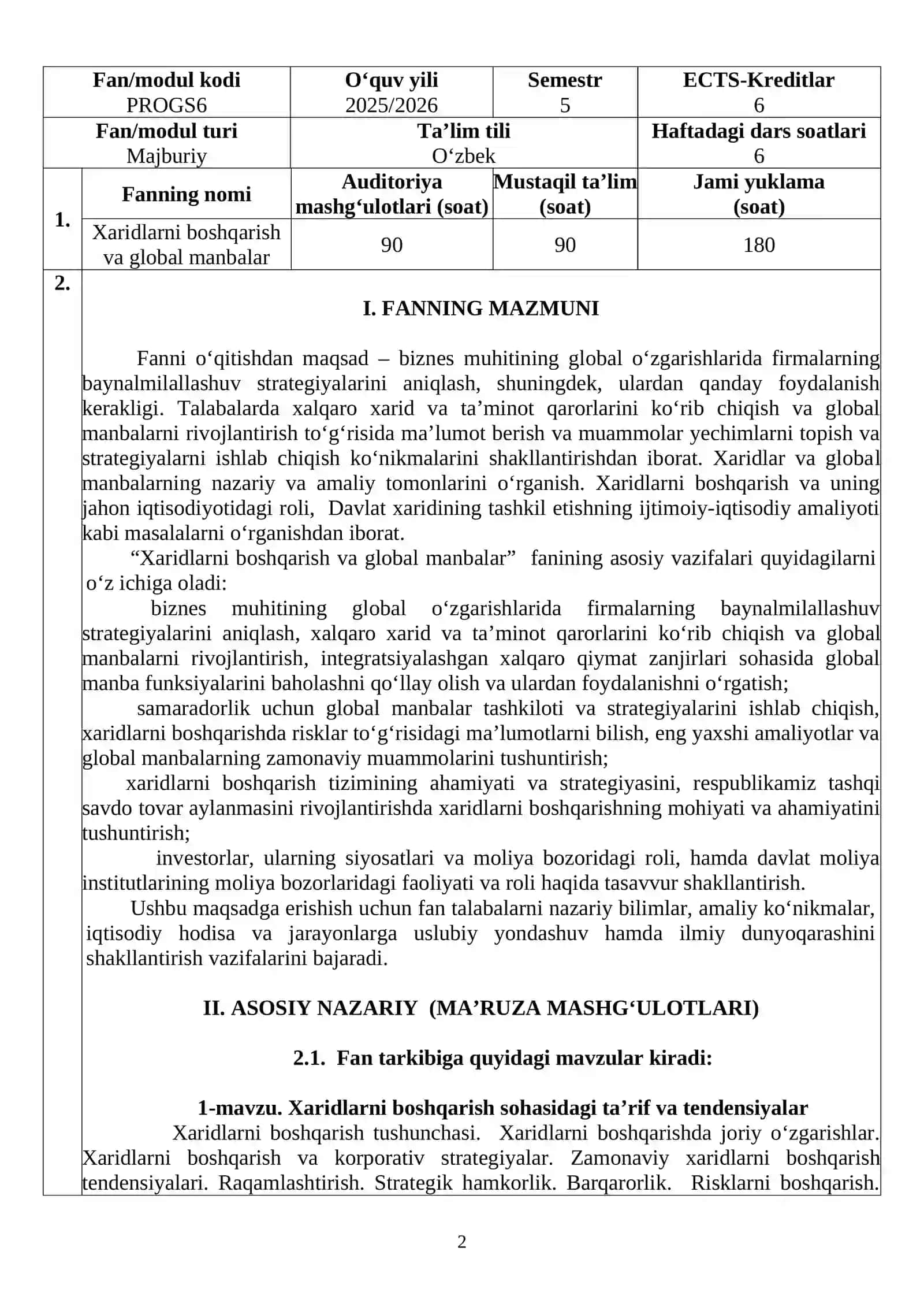 Xaridlarni boshqarish va global manbalar 2