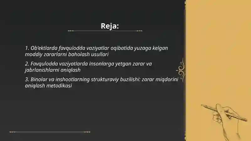 Ob'ektlarida favqulodda vaziyatlar oqibatining zarar va talofatini aniqlash 2
