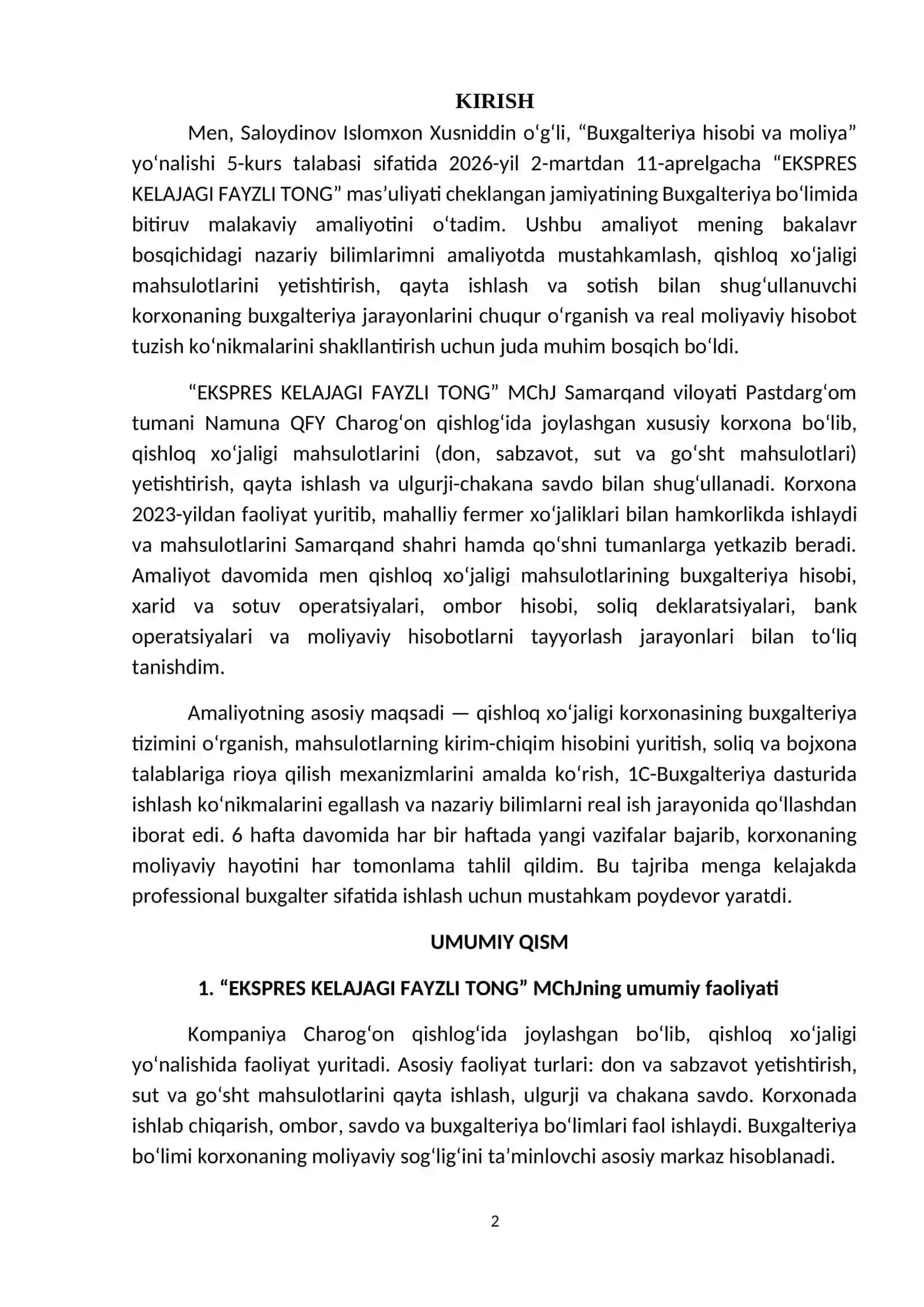 Don, sabzavot, sut va go‘sht mahsulotlari savdosi. AMALIYOT HISOBOTI. BATAFSIL PASTDA 2