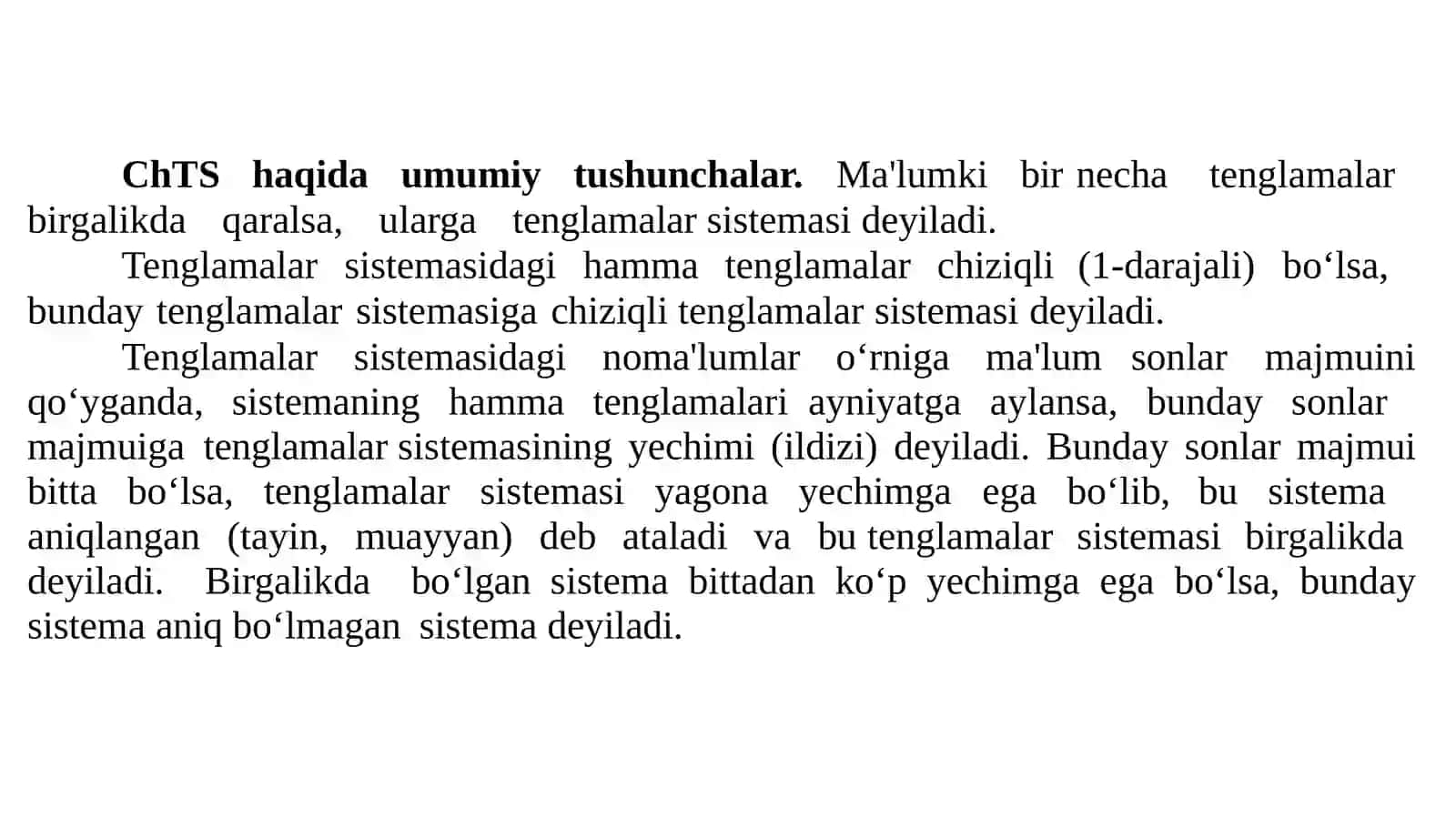 2-MA’RUZA: CHIZIQLI TENGLAMALAR SISTEMASI VA UNI YECHIMINI TOPISH USULLARI 2