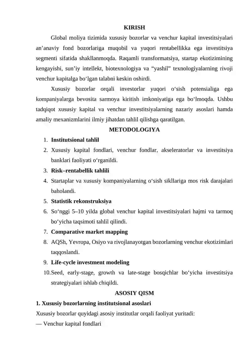 Xususiy bozorlar va venchur kapital investitsiyalar 2