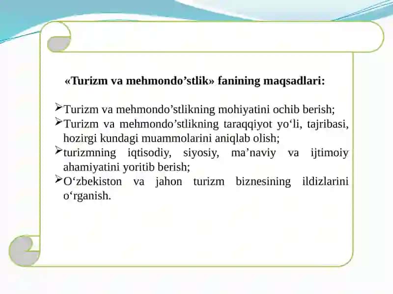MAVZU.TURIZM VA MEHMONDO’STLIK FANIGA KIRISH 2