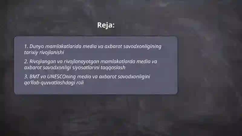 Dunyo mamlakatlaridagi media va axbarot savodxonligi taraqqiyoti 2