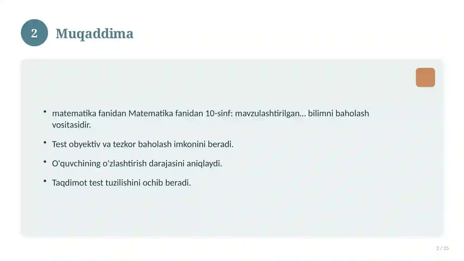 Matematika fanidan 10-sinf: mavzulashtirilgan nazorat ishi va tahlil 2