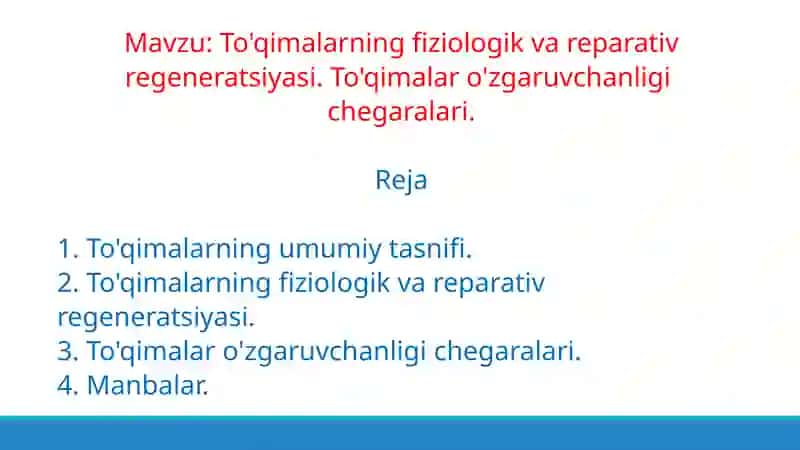 To'qimalarning fiziologik va reparativ regeneratsiyasi. To'qimalar o'zgaruvchanligi chegaralari. 2