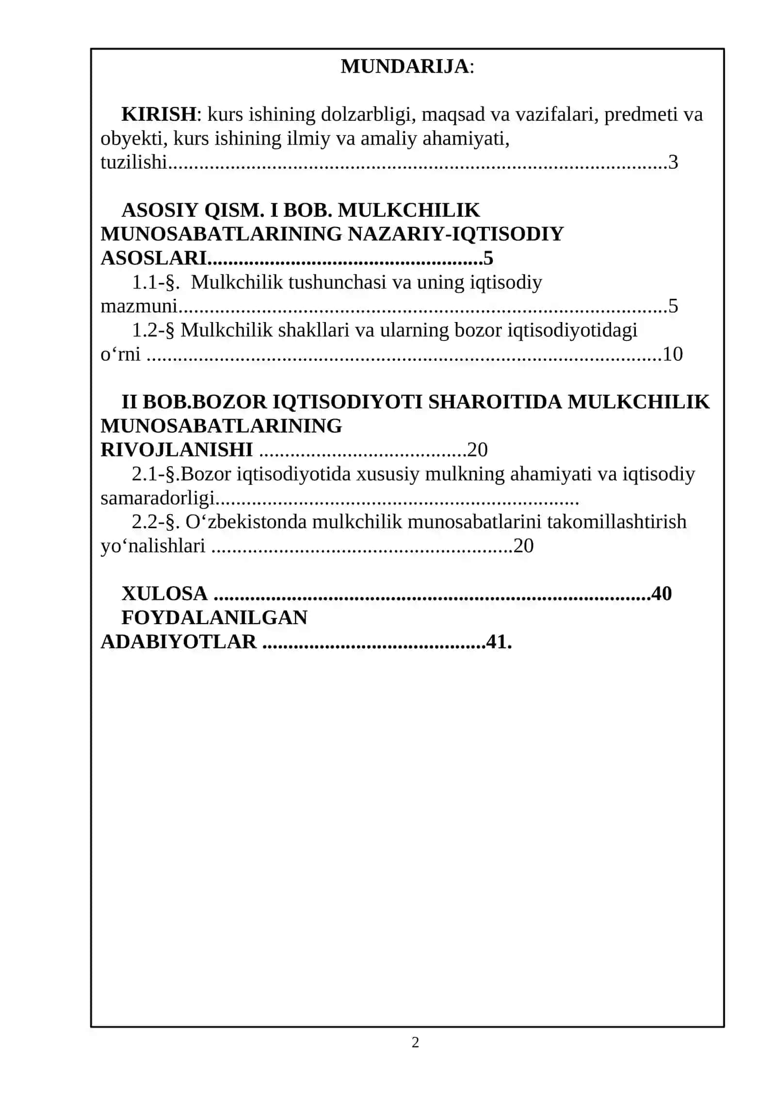 BOZOR IQTISODIYOTIDA MULKCHILIK MUNOSABATLARINING IQTISODIY MAZMUNI KURS ISHI 2