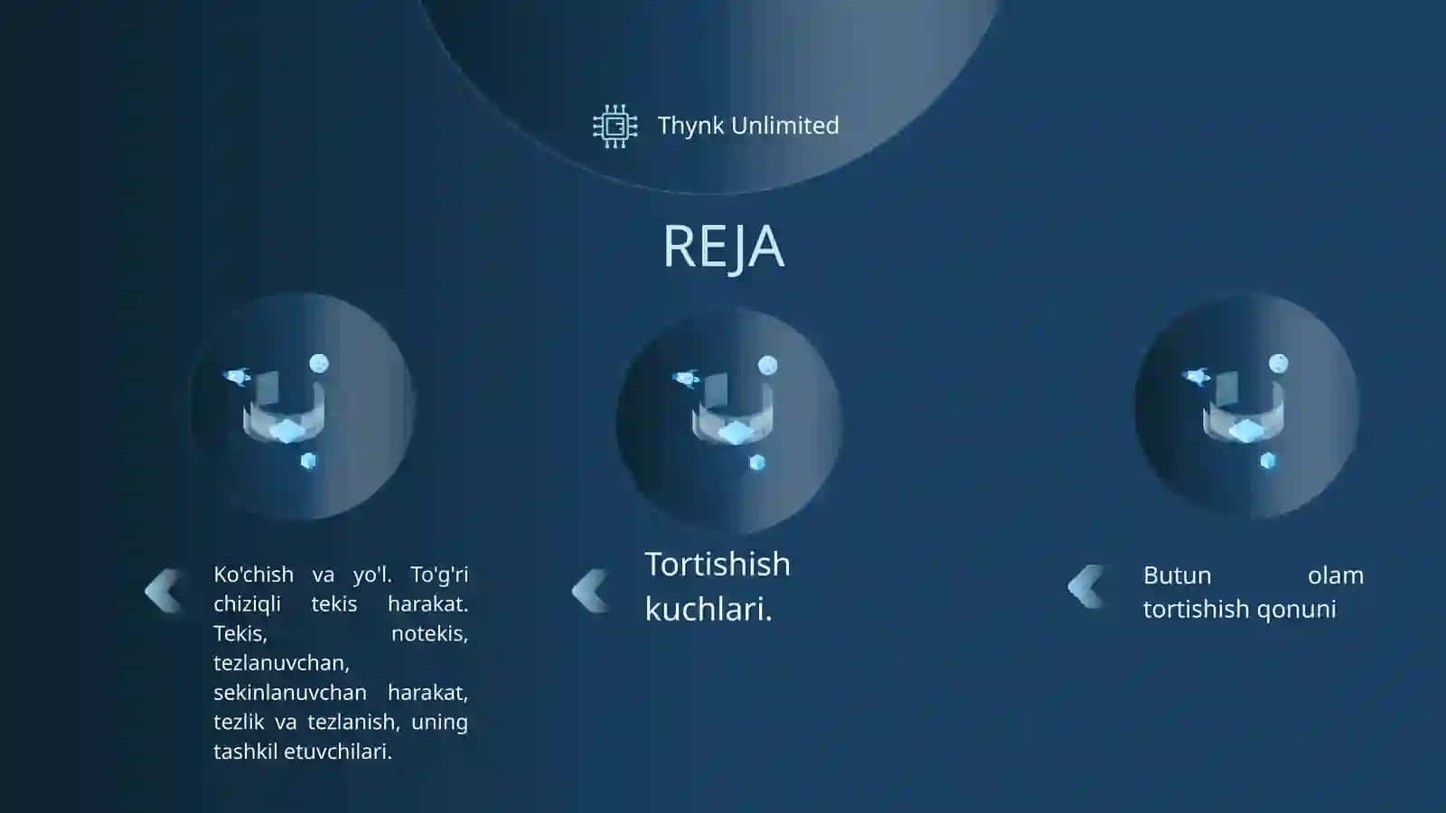 KO'CHISH VA YO'L. TO'G'RI CHIZIQLI TEKIS HARAKAT. TEKIS, NOTEKIS, TEZLANUVCHAN, SEKINLANUVCHAN HARAKAT, TEZLIK VA TEZLANISH, UNING TASHKIL ETUVCHILARI. TORTISHISH KUCHLARI. BUTUN OLAM TORTISHISH QONUNI 2