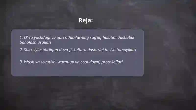 Oʻrta yoshdagi va qari odamlar uchun davo fiskulturasini amalga oshirish 2