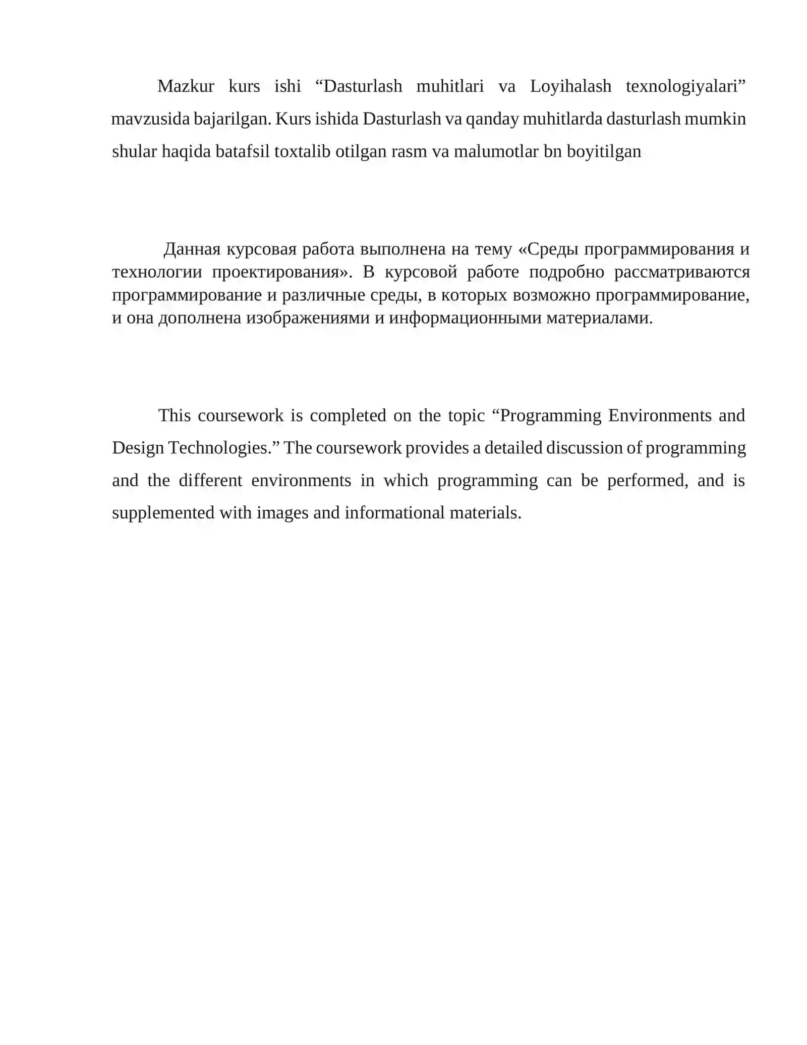 Dasturlash muhitlari va Loyihalash texnologiyalari kurs ishi 2