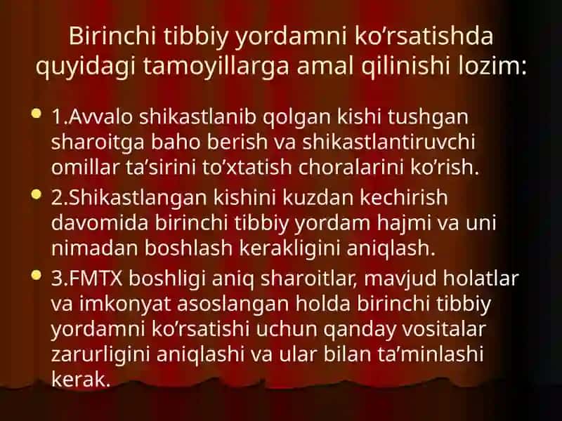SHIKASTLANISH O’CHOG’IDA DASTLABKI UMUMIY, DASTLABKI TIBBIY YORDAMNI TASHKIL ETISH 2