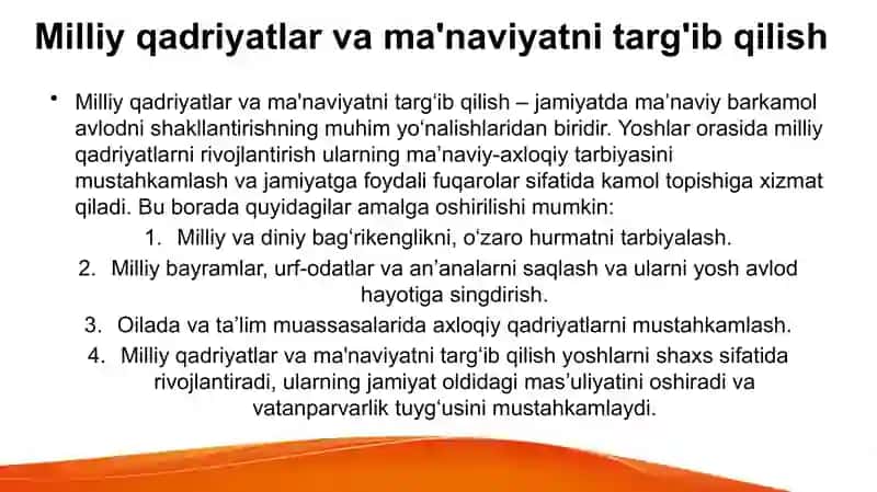 Milliy qadriyatlar va ma'naviyatni targ'ib qilish 2