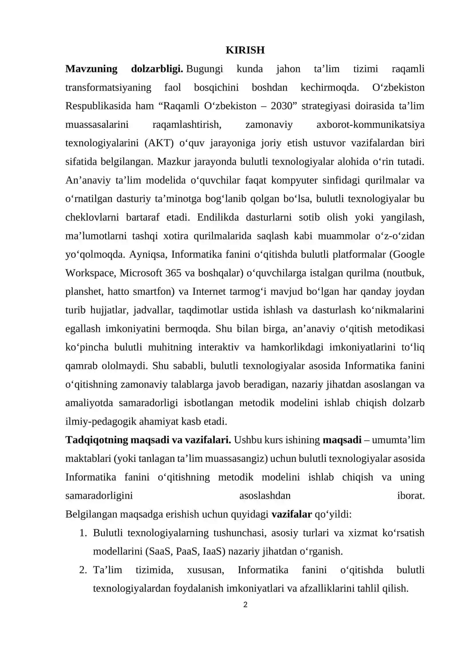 BULUTLI TEXNOLOGIYALAR ASOSIDA INFORMATIKA FANINI O‘QITISHNING METODIK MODELI 2