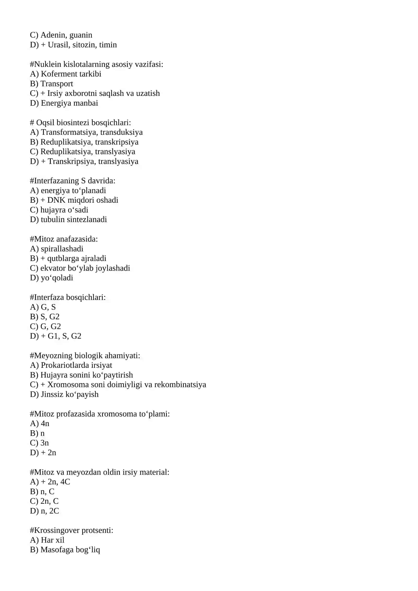 TIBBIY BIOLOGIYA. GISTOLOGIYA, SITOLOGIYA VA EMBRIOLOGIYA FANIDAN YAKUNIY NAZORAT TEST 2