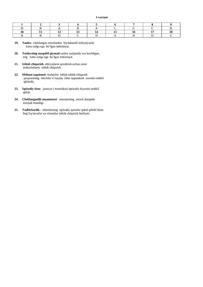 iqtisodiy bilim asoslari fanidan test savollari I-variant 2