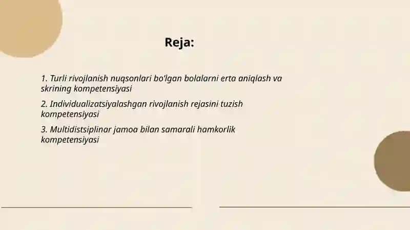 Turli rivojlanish nuqsonlari bolgan bolalarga erta kompleks yordam korsatish kompetensiyasi 2
