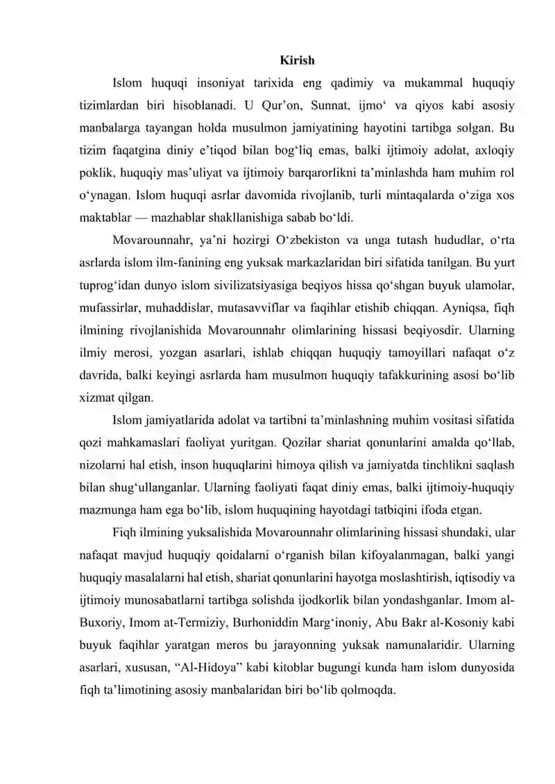 Qozi mahkamaslarining islom huquqini ta'minlashdagi oʻrni. Oʻrta asrlarda fiqh ilmining rivojlanishida Movorounnahr faqihlarining oʻrni 2