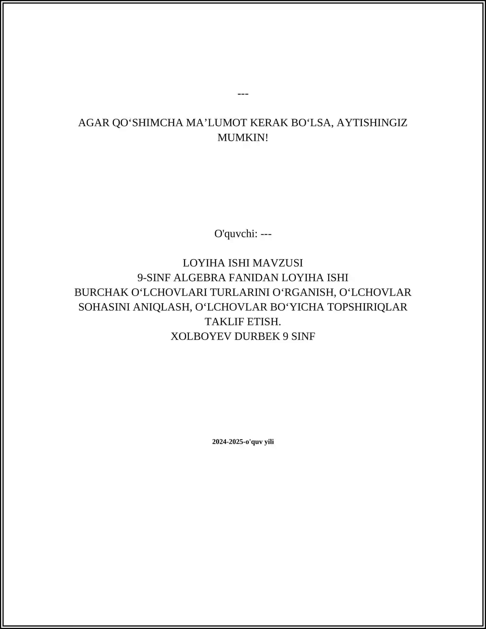 9-SINF ALGEBRA FANIDAN LOYIHA ISHI 2