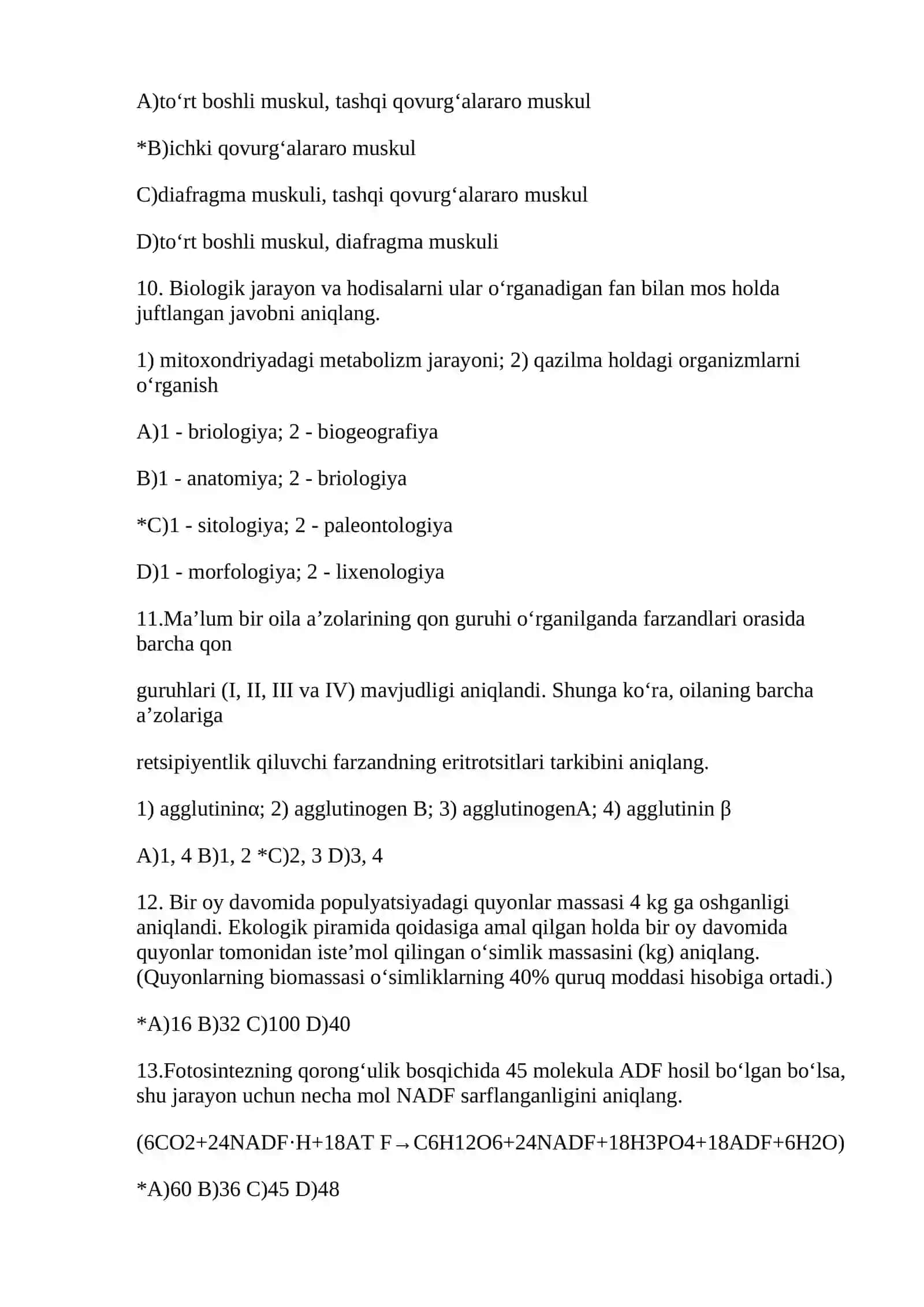 biologiya olimpiyada savol-javoblari bilan 2