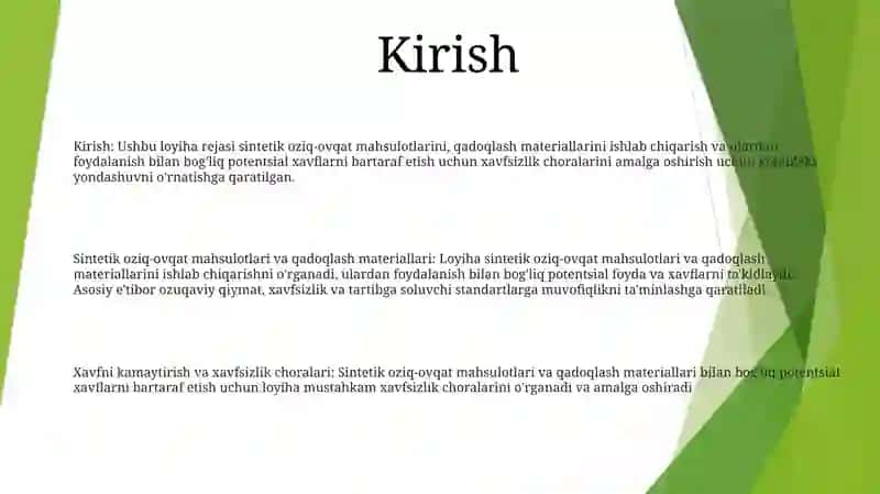 Sintetik Oziq-Ovqat Mahsulotlari Vа Qаdоqlаsh-O’Rаsh Mаtеriаllаri Zаrаri, Ulаrni Хаvfsizlаntirish Yo’Llаri Korxona Loyihasini Bosh Rejasi 2
