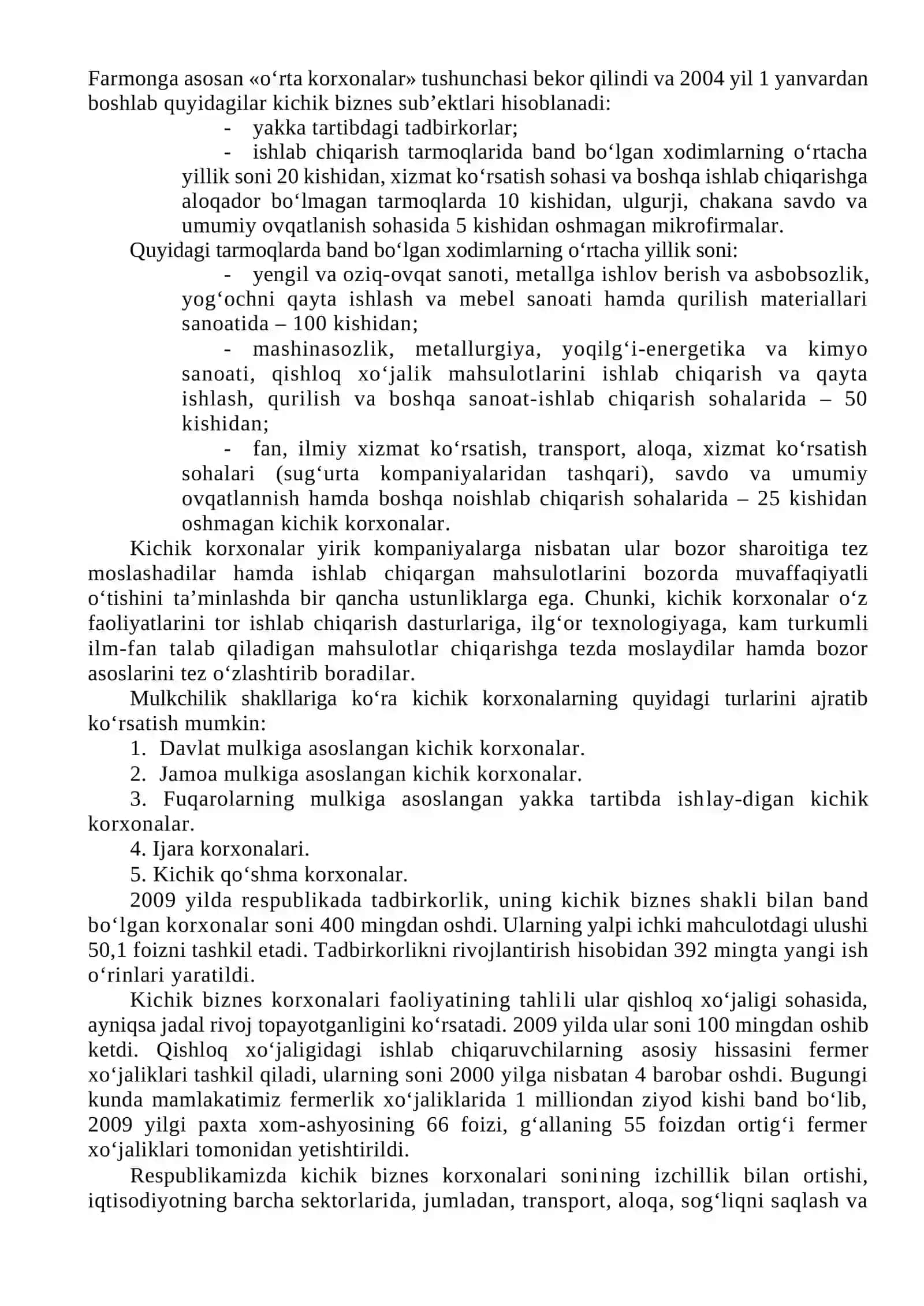 O‘zbekistonda kichik biznes va tadbirkorlik faoliyatini rivojlantirish yo‘nalishlari 2