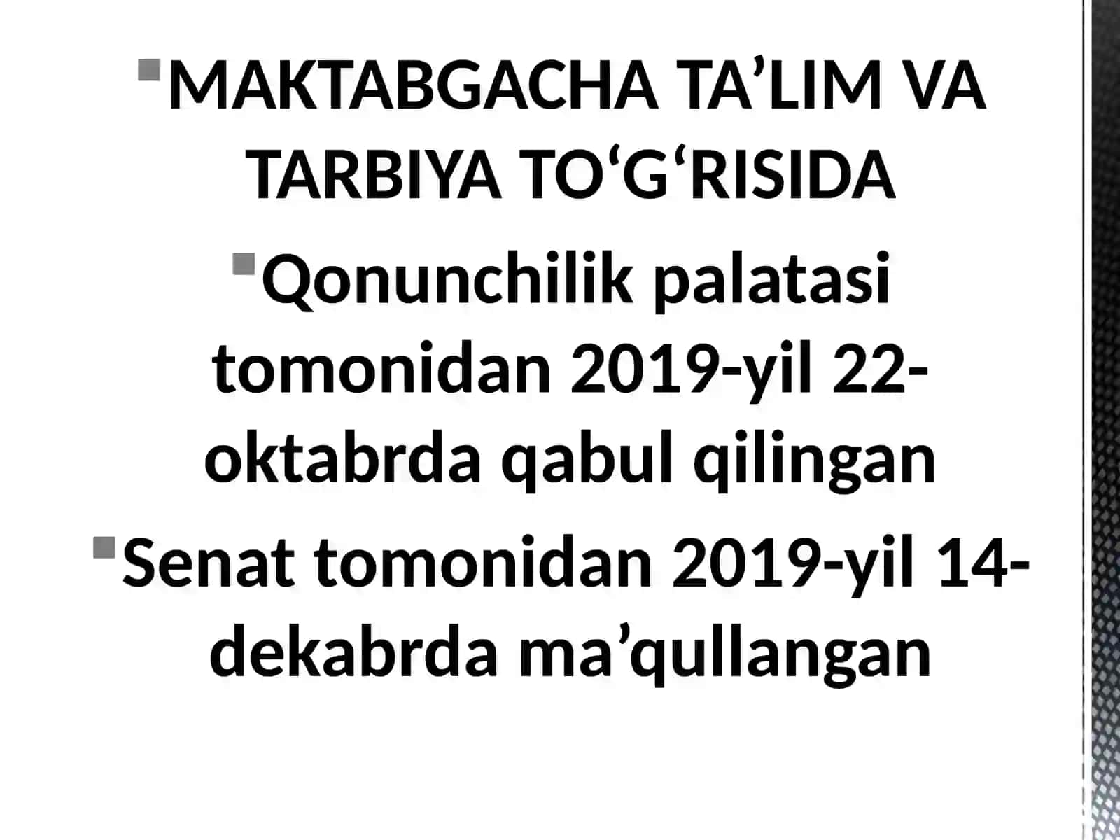 O‘zbekiston Respublikasi Prezidentining maktabgacha ta’lim gadoir qaror farmoni kadrlar tayyorlash milliy dasturi 2
