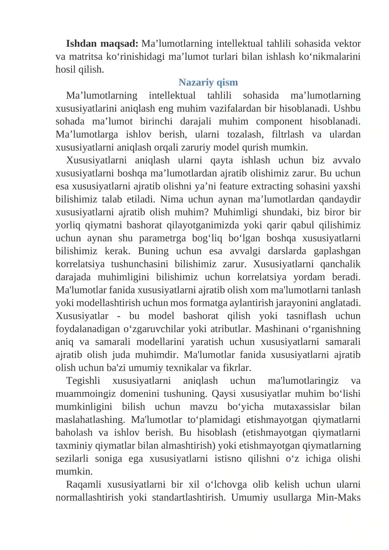 VEKTOR VA MATRITSA KO‘RINISHIDAGI MA’LUMOTLAR XUSUSIYATLARINI ANIQLASH 2