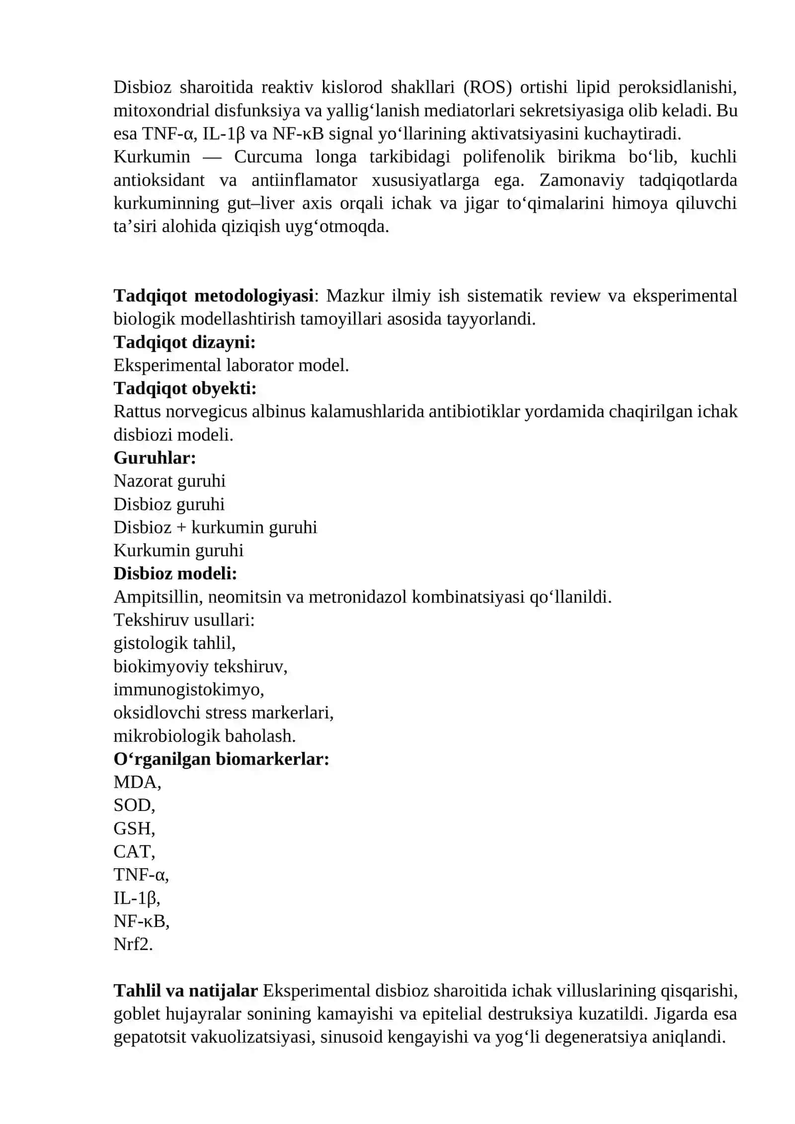 EKSPERIMENTAL ICHAK DISBIOZIDA KURKUMINNING GUT–LIVER AXIS ORQALI ICHAK VA JIGAR TO‘QIMALARIGA MORFOFUNKSIONAL HAMDA ANTIOKSIDANT TA’SIRI 2