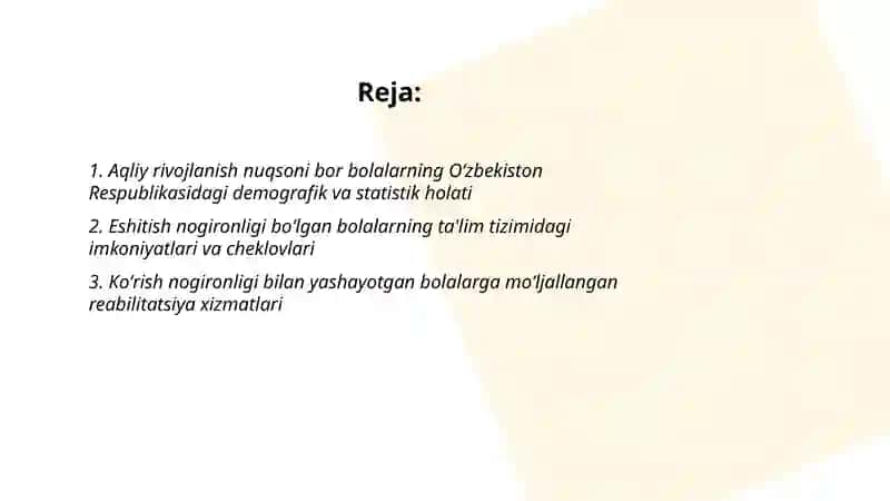 Aqliy rivojlanish nuqsoni bor bolalarning Oʻzbekiston Respublikasidagi demografik va statistik holati 2