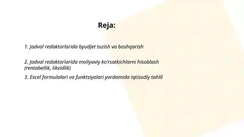 Jadval redaktorlardan iqtisodiy masalalarni yechish 2
