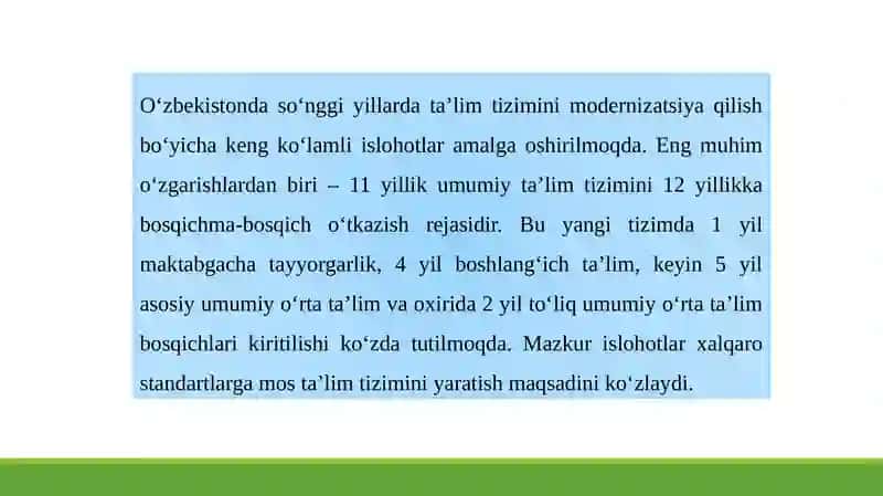 Boshlangʻich, umumiy oʻrta va professional taʼlim tizimidagi oʻzgarishlar. 2