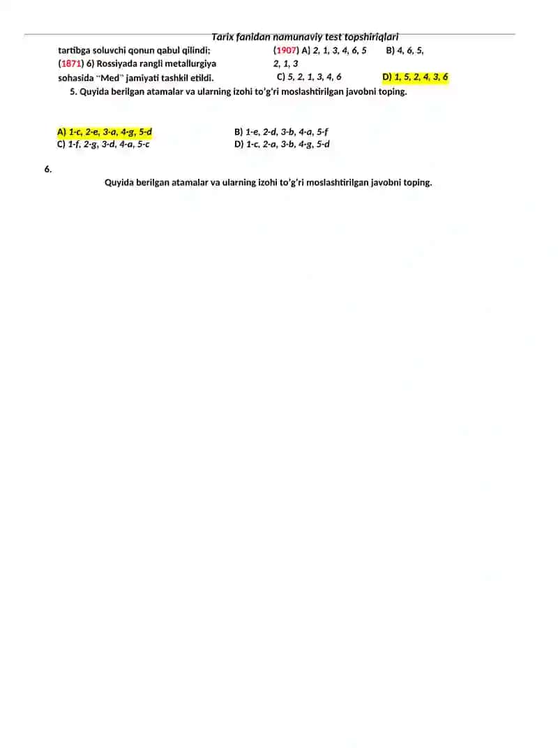 Milliy sertifikat tarix fanidan testlar javoblari 2