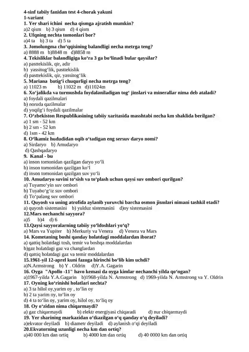 4-sinf tabiiy fanidan test 4-chorak yakuni 2