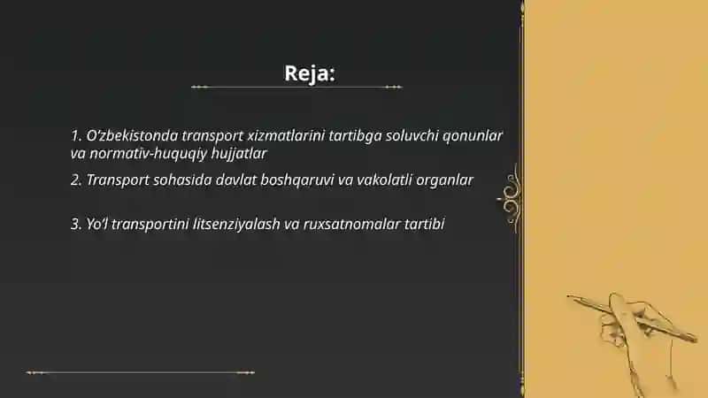 O‘zbekistonda transport xizmatining qonuniy-huquqiy asoslari 2