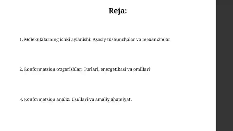 Molekulalarning ichki aylanishi. Konformatsion oʻzgarishlar 2