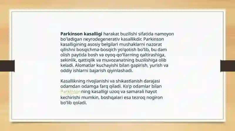 Parkinson kasalligining davolash usullari 2