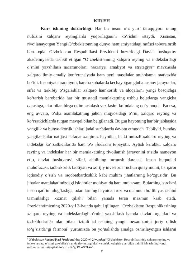 O‘ZBEKISTON RESPUBLIKASINING XALQARO REYTING VA INDEKSLARDAGI O‘RNI VA NUFUZINING ORTIB BORISHI 2