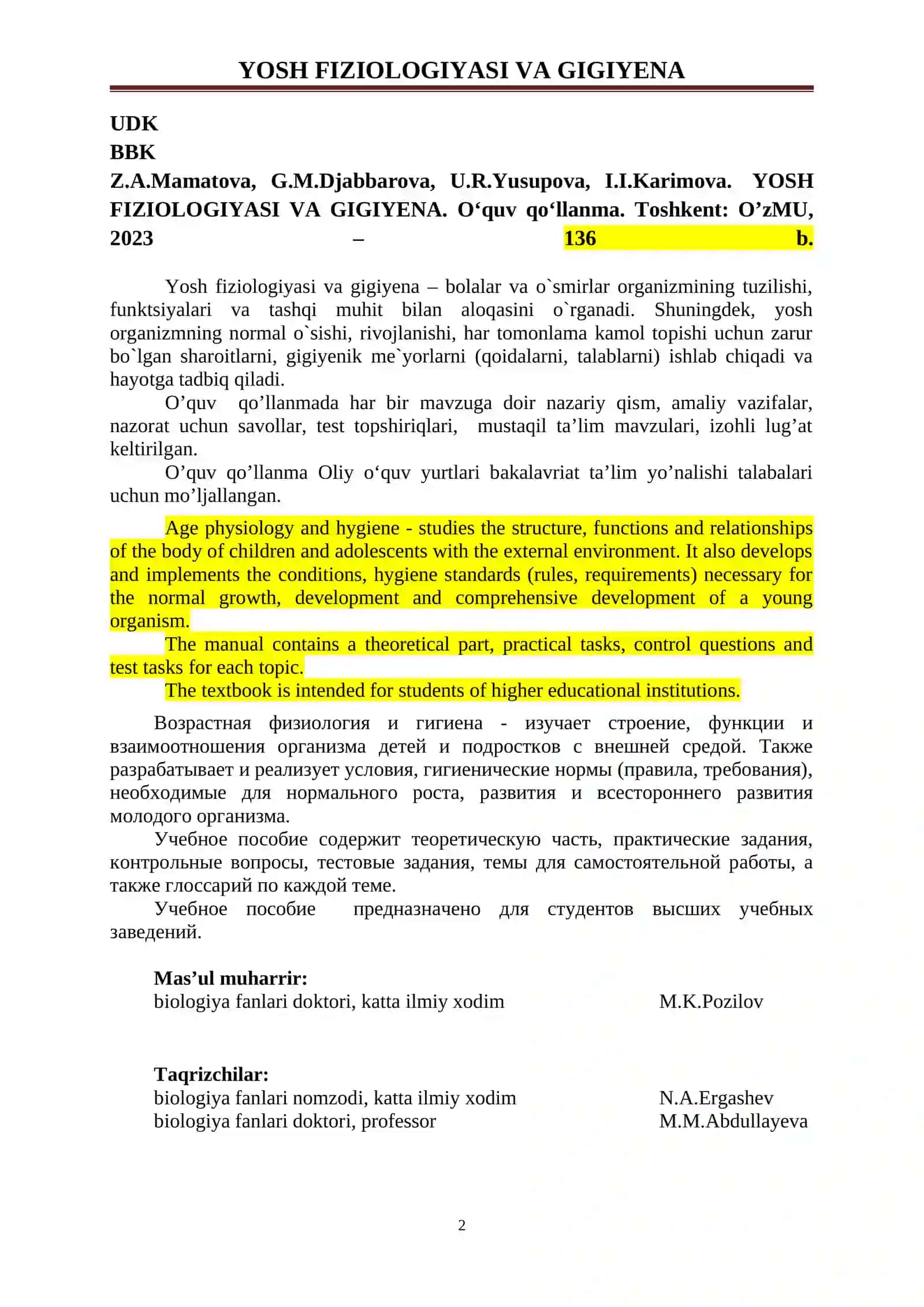 YOSH FIZIOLOGIYASI VA GIGIYENA 2