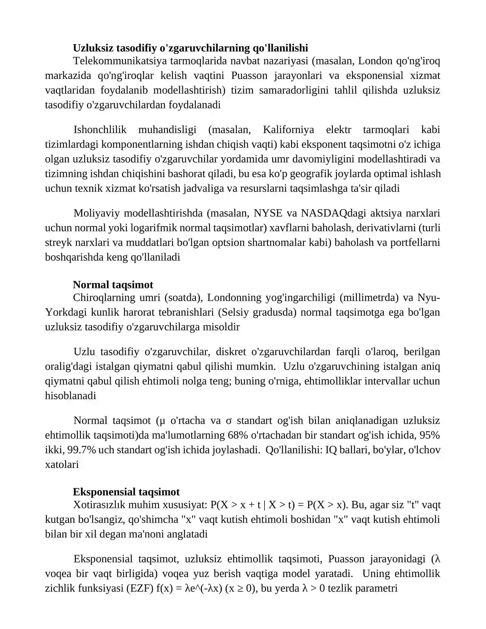 Uzluksiz tasodifiy miqdorlar 2