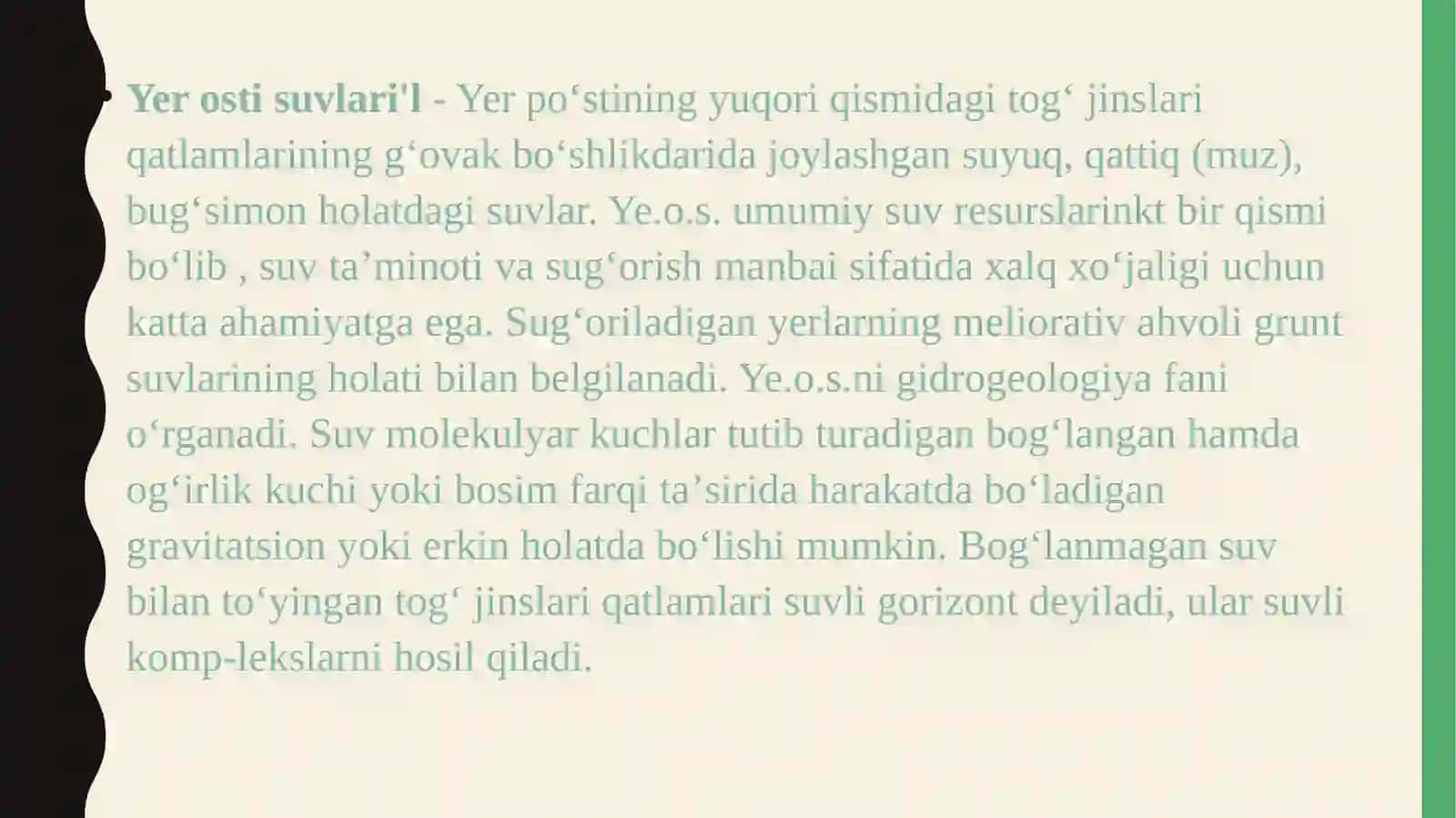 Yer osti suvlarining paydo boʻlishi va sinflarga boʻlinishi Yer osti suvlarining qurilish maqsadida baholash 2