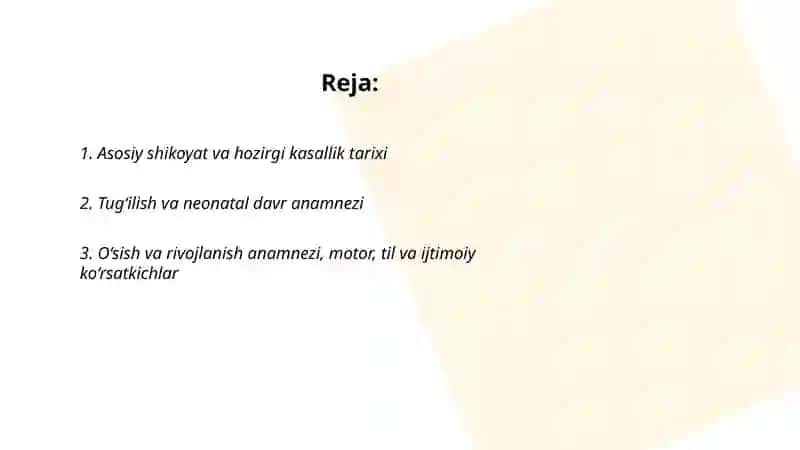Bolalarda anamnez yig’ish va barcha a’zo va tizimlar boyicha o’bektiv tekshirish 2