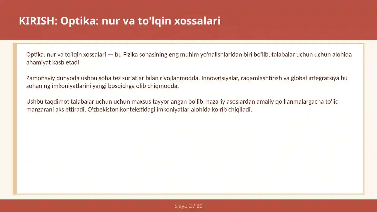 Optika: nur va to'lqin xossalari 2