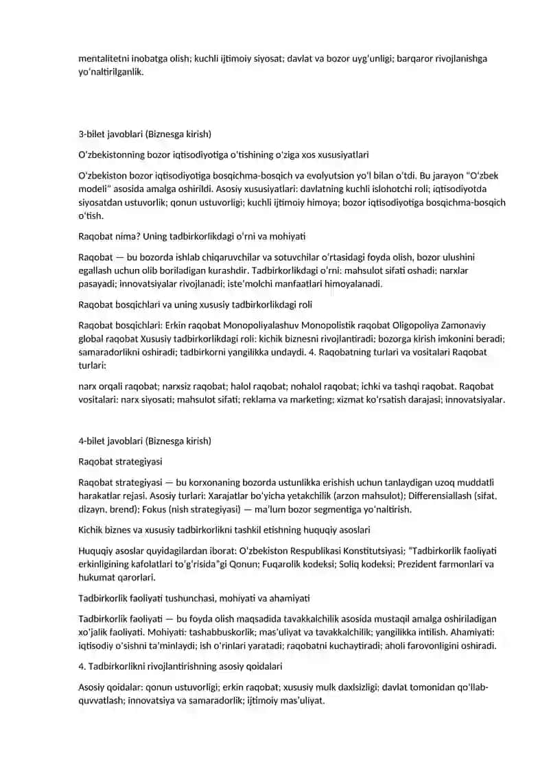 biznesga krish fanidan yakuni javoblari bilan 2