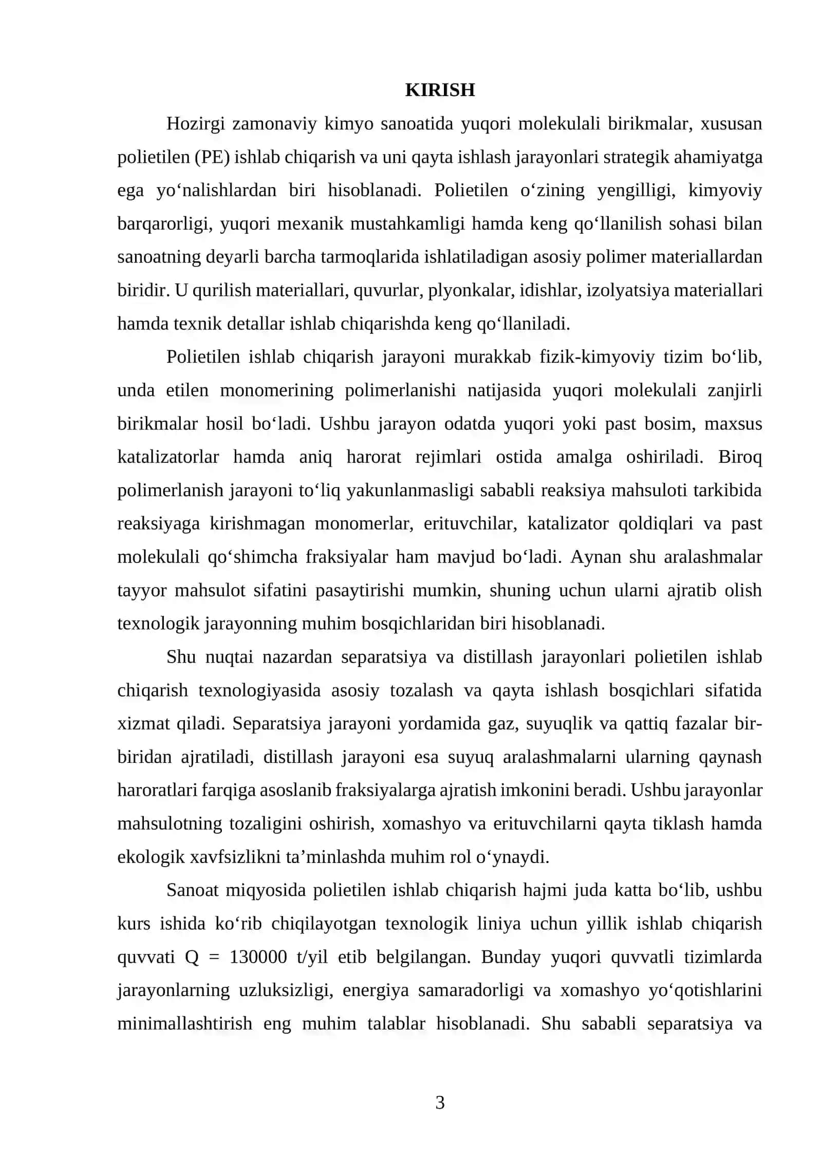 Separatsiya va distillash jarayonlarida PE ni ajratish texnologik liniyasini loyihalash. Q=130000 t/yil. 2