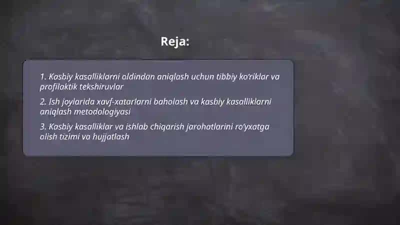 Kasbiy kasalliklarni va ishlab chiqarishdagi jarohatlarni tekshirish, hisobga olish va aniqlash usullari 2