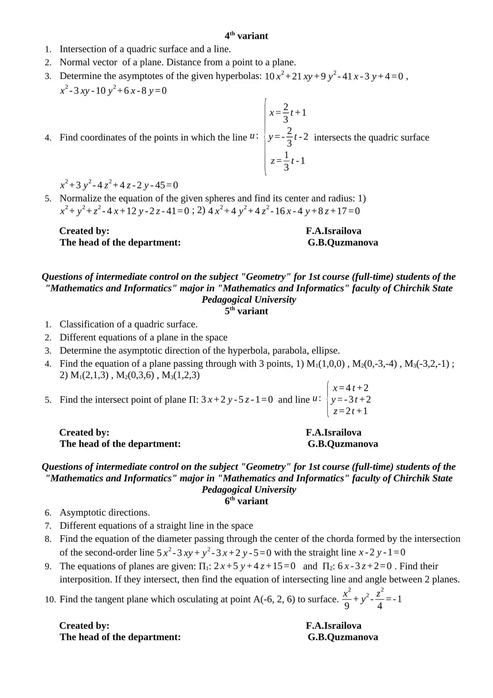 Questions of Intermediate Control on the Subject "Geometry" for 1st Course Students 2