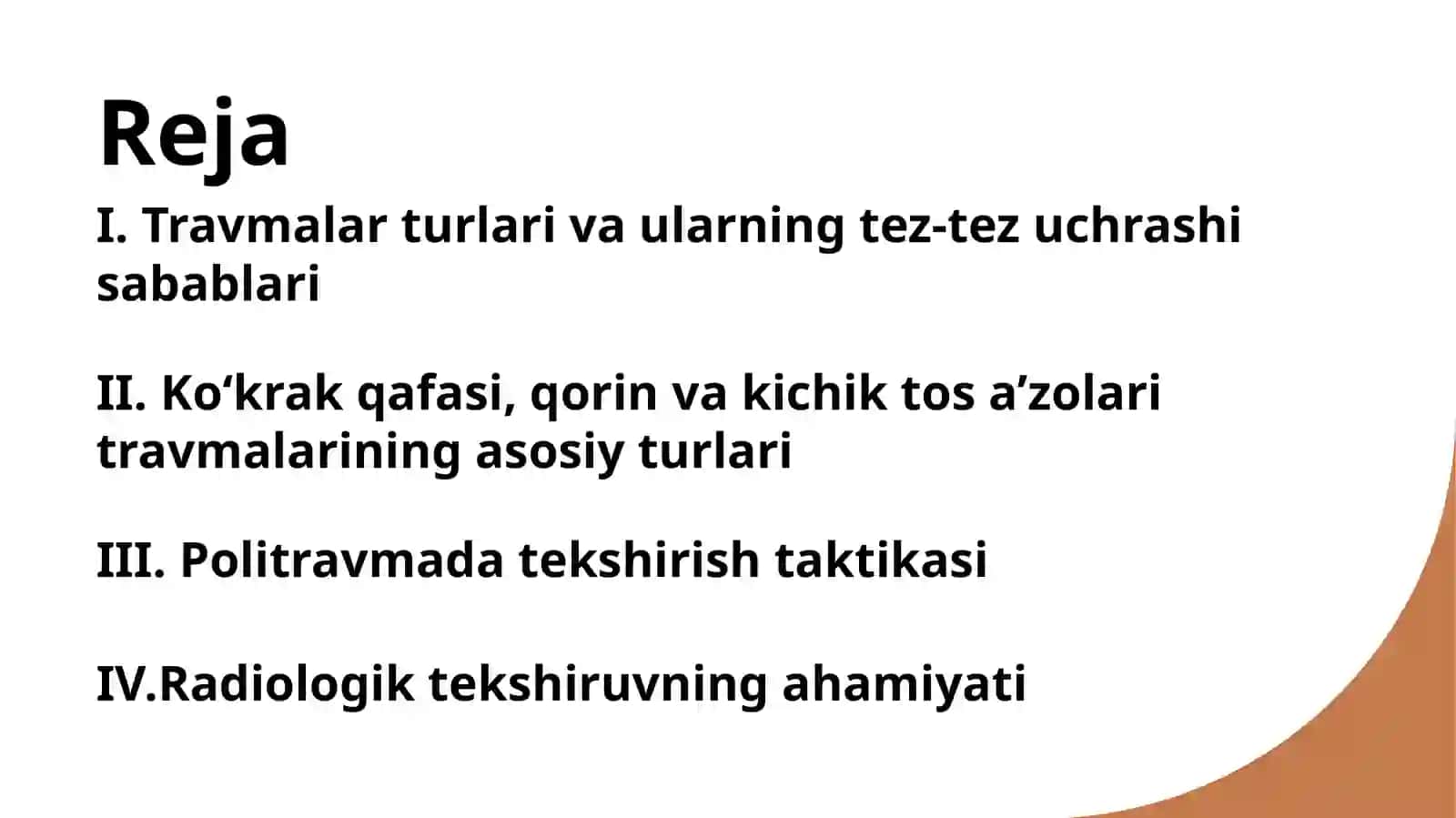 Ko‘krak qafasi, qorin bo‘shlig‘i va kichik tos a’zolari travmasi. Politravmada tekshirish taktikasi. 2
